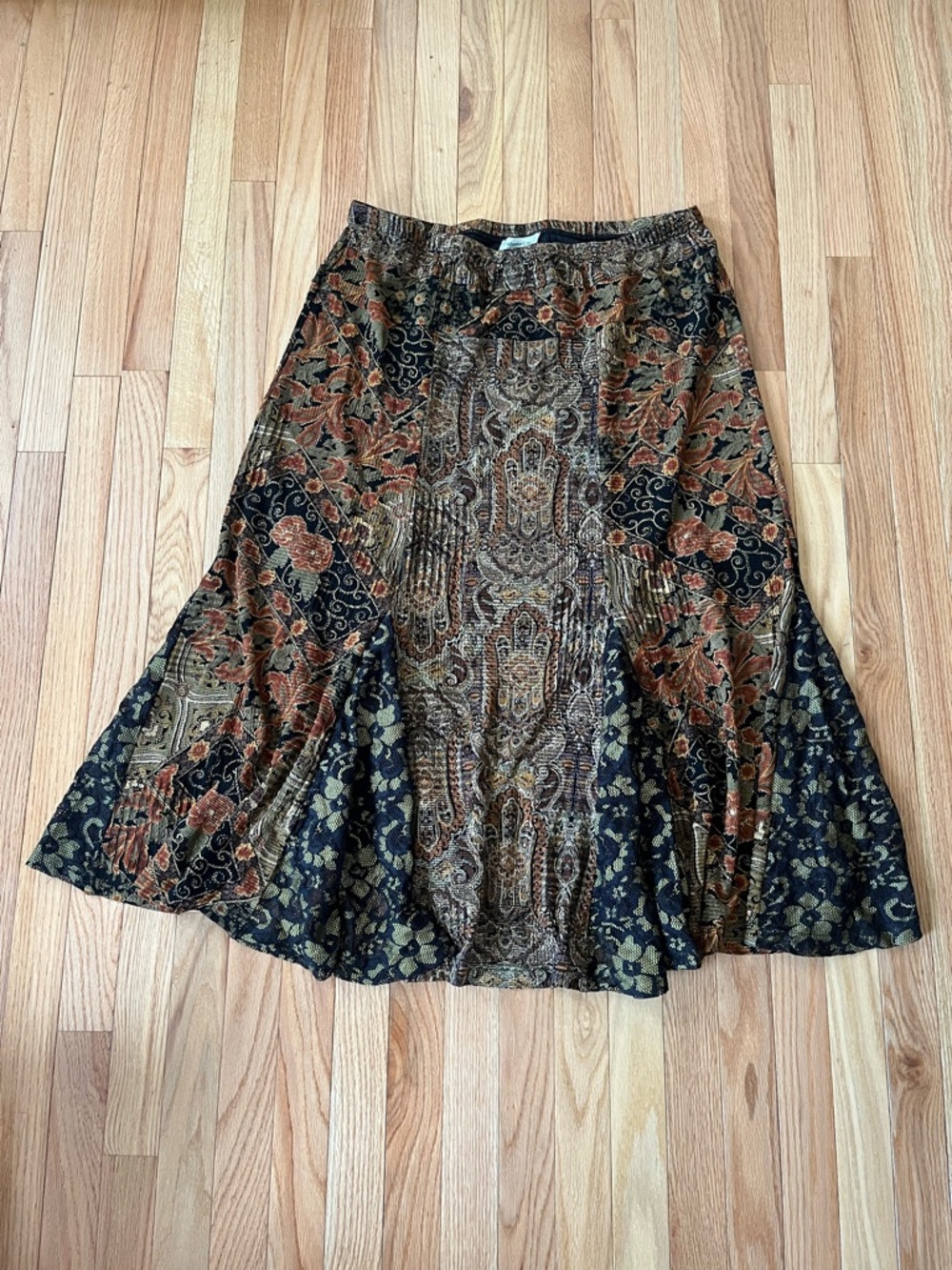 Boho Patchwork Midi Skirt XL Tan Earth Tone Cottagecore Flowy Artsy Vintage